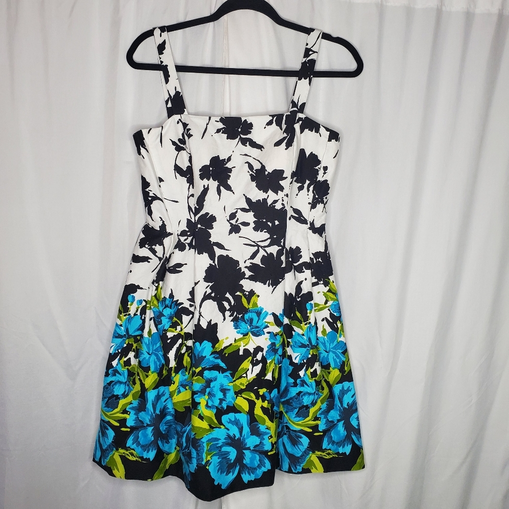 ◇ Jessica Howard A-line Sleeveless Floral Dress Size 8P Black White Turquoise